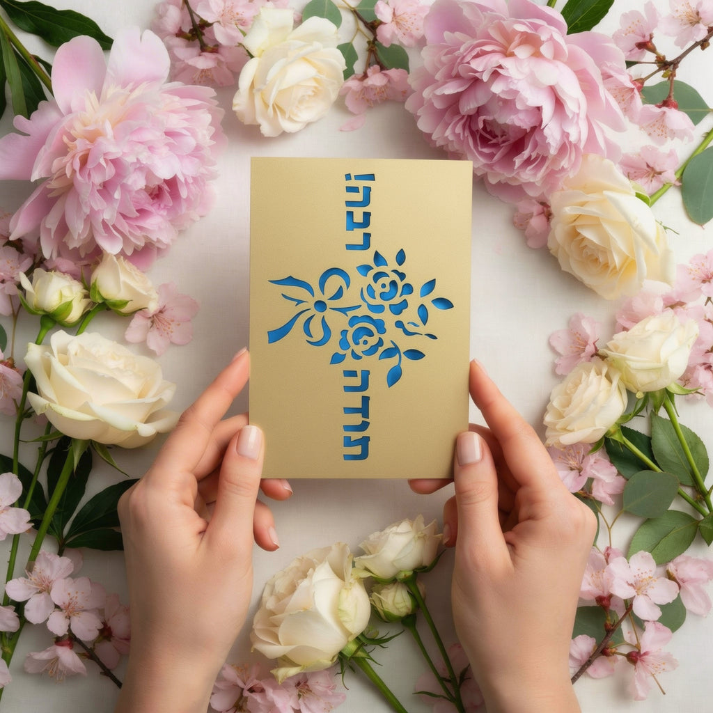 “Toda Raba” (תודה רבה) Thank You Card – Elegant Hebrew Floral Greeting Card with Intricate Cutout Design