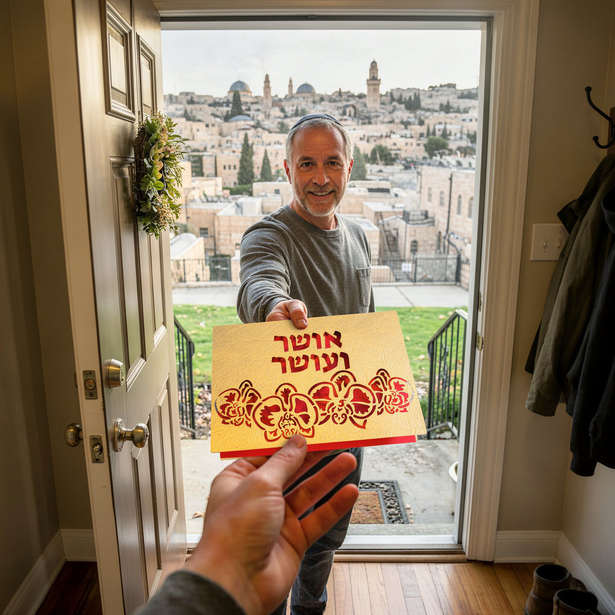 OSHER VE OSHER Laser Cut Greeting Card – Elegant Orchid Design with Hebrew Blessing